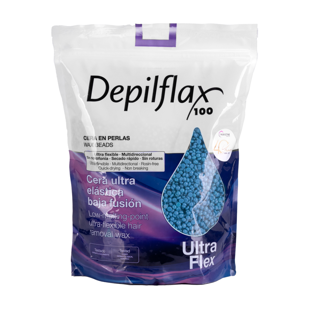 DEPILFLAX 100 žemos lydymosi temperatūros elastinis vaškas ULTRAFLEX BLUE, 1 kg.