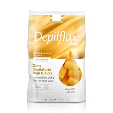 DEPILFLAX 100 elastinis plaukų šalinimo vaškas su žema lydymosi temperatūra ORO 5AB GOLD, 1000 g. DEPILFLAX 100 elastinis plaukų šalinimo vaškas su žema lydymosi temperatūra ORO 5AB GOLD, 1000 g.