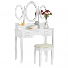 Makiažo staliukas ELSA su 3 veidrodžiais ir kėdute, 7 stalčių, baltos spalvos