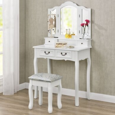 Makiažo staliukas EMMA su 3 veidrodžiais ir kėdute, baltos spalvos 4