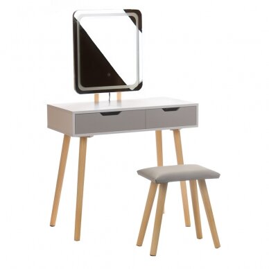 Makiažo staliukas A3 su veidrodžiu, LED apšvietimu ir kėdute, baltos spalvos