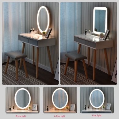 Makiažo staliukas A1 su veidrodžiu, LED apšvietimu ir kėdute, baltos spalvos 2