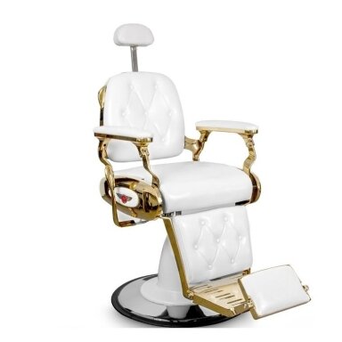 Профессиональное барберское кресло для парикмахерских и салонов красоты BARBER WHITE, белого цвета с золотыми деталями Профессиональное барберское кресло для парикмахерских и салонов красоты BARBER WHITE, белого цвета с золотыми деталями