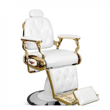 Профессиональное барберское кресло для парикмахерских и салонов красоты BARBER WHITE, белого цвета с золотыми деталями