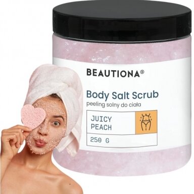 BEAUTIONA body scrub with vitamin E and sweet almond oil with peach aroma, 250 g BEAUTIONA body scrub with vitamin E and sweet almond oil with peach aroma, 250 g