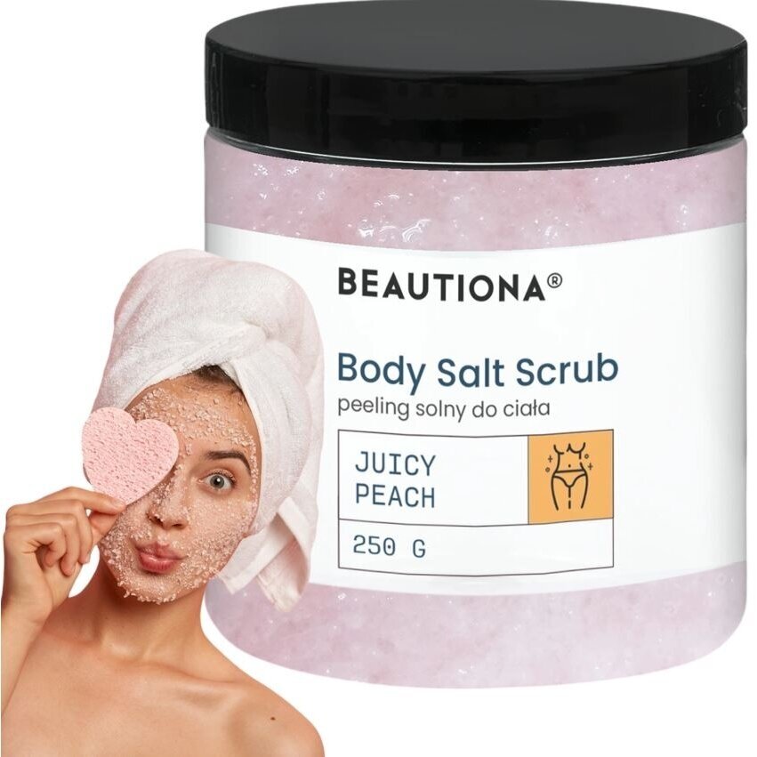 BEAUTIONA kūno šveitiklis su vitaminu E ir saldžiųjų migdolų aliejumi su persikų aromatu, 250 g