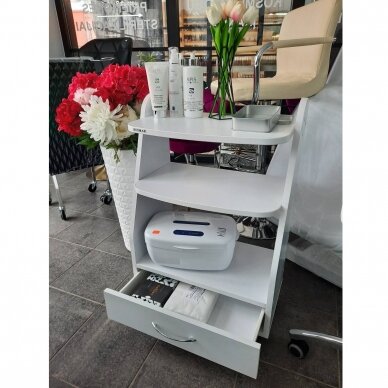 BIOMAK profesionalus kosmetologinis vežimėlis su stalčiumi, baltos spalvos