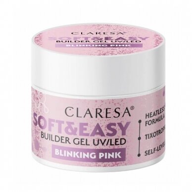 CLARESA statybinis gelis nagų priauginimui SOFT&EASY GEL BLINKING PINK, 45 g. CLARESA statybinis gelis nagų priauginimui SOFT&EASY GEL BLINKING PINK, 45 g.