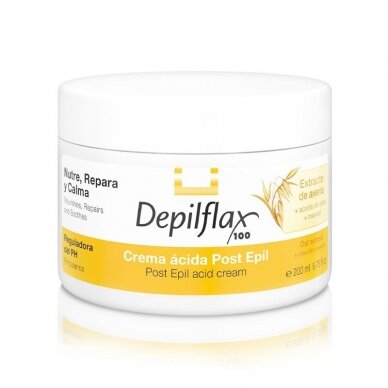 DEPILFLAX 100 drėkinantis ir vėsinantis odos kremas su glikolio rūgštimi po depiliacijos, 200 ml.