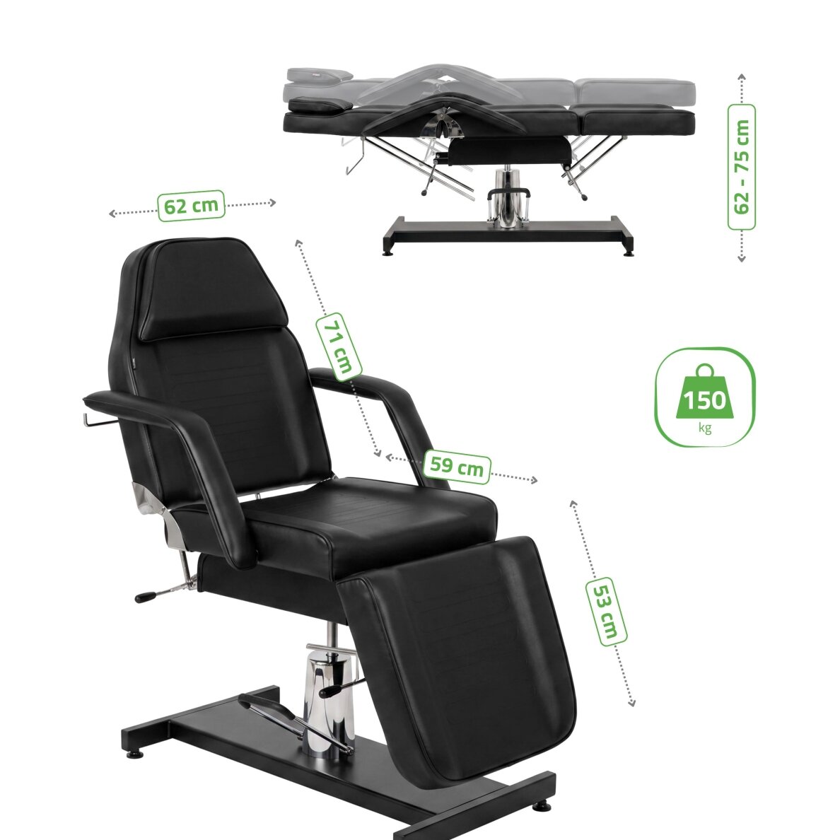 Professional hydraulic chair-bed ALORA for cosmetology, massage and tattoo procedures, black 9