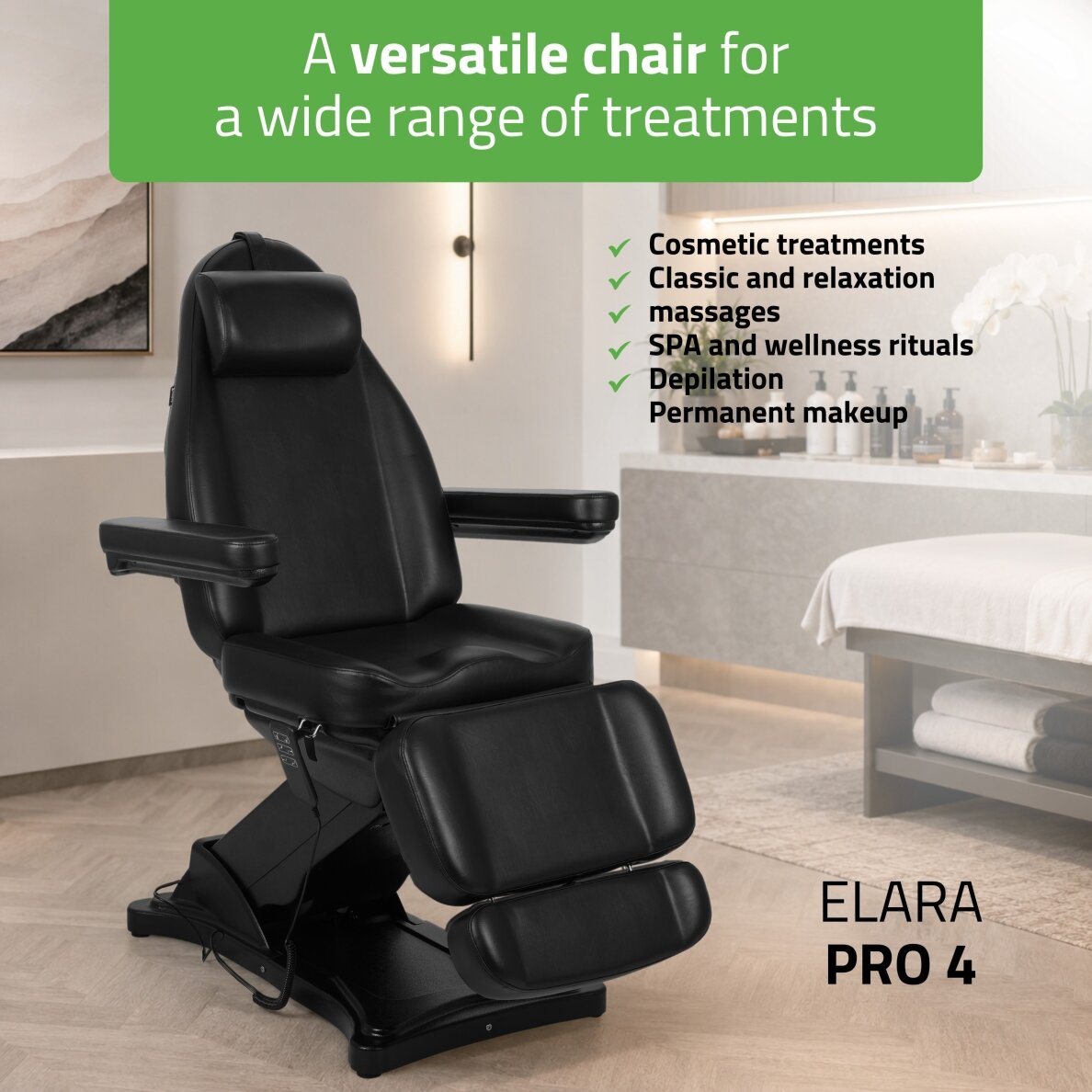 Профессиональная электрическая косметологическая кровать ELARA PRO 4, черная. 1