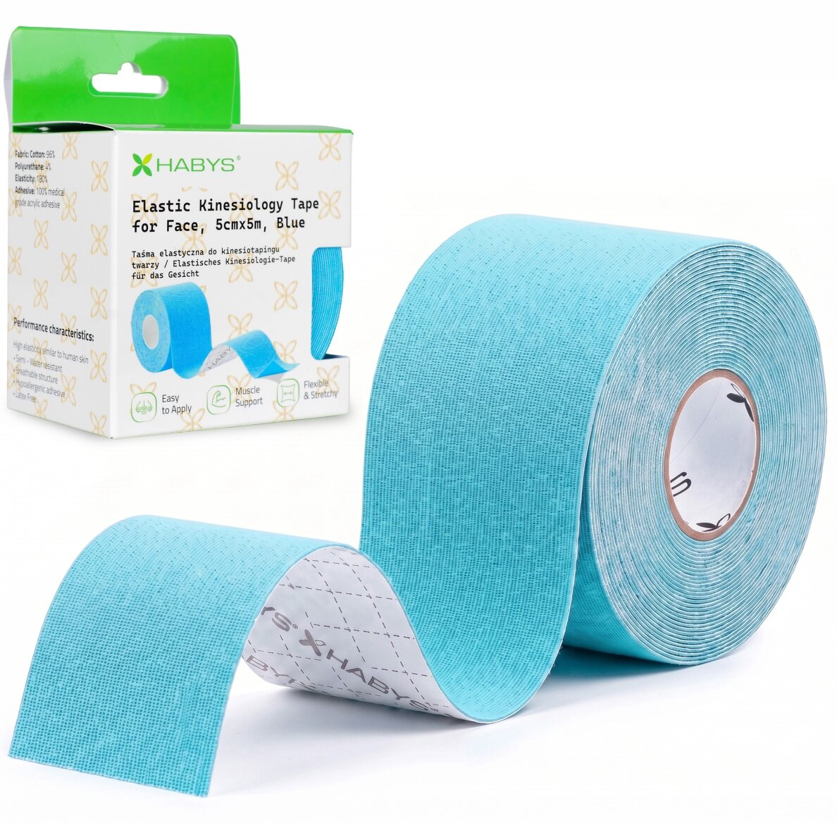 FACE elastinė kineziologinė juosta veidui, 5 cm × 5 m, mėlynos spalvos FACE elastinė kineziologinė juosta veidui, 5 cm × 5 m, mėlynos spalvos