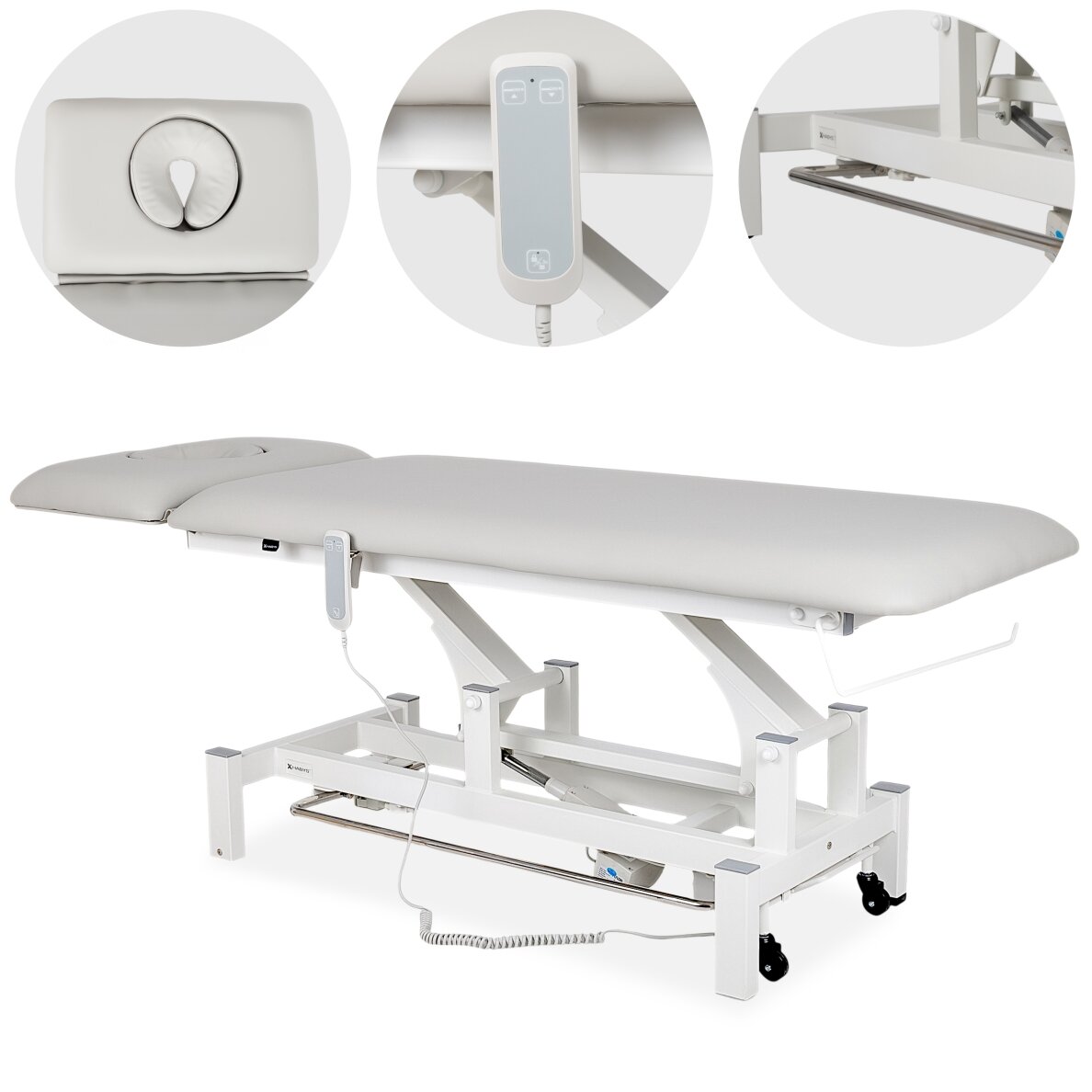 FORTIS 2 ERGO professional electric 2-part massage and physiotherapy bed with hand and foot control, light gray