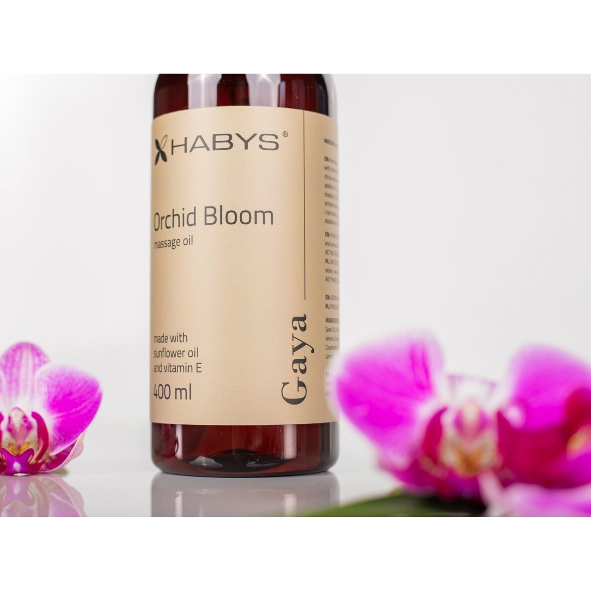 HABYS GAYA ORCHID BLOOM saulėgražų masažo aliejus su vitaminu E orchidėjų aromatu, 400 ml 4 HABYS GAYA ORCHID BLOOM saulėgražų masažo aliejus su vitaminu E orchidėjų aromatu, 400 ml 4