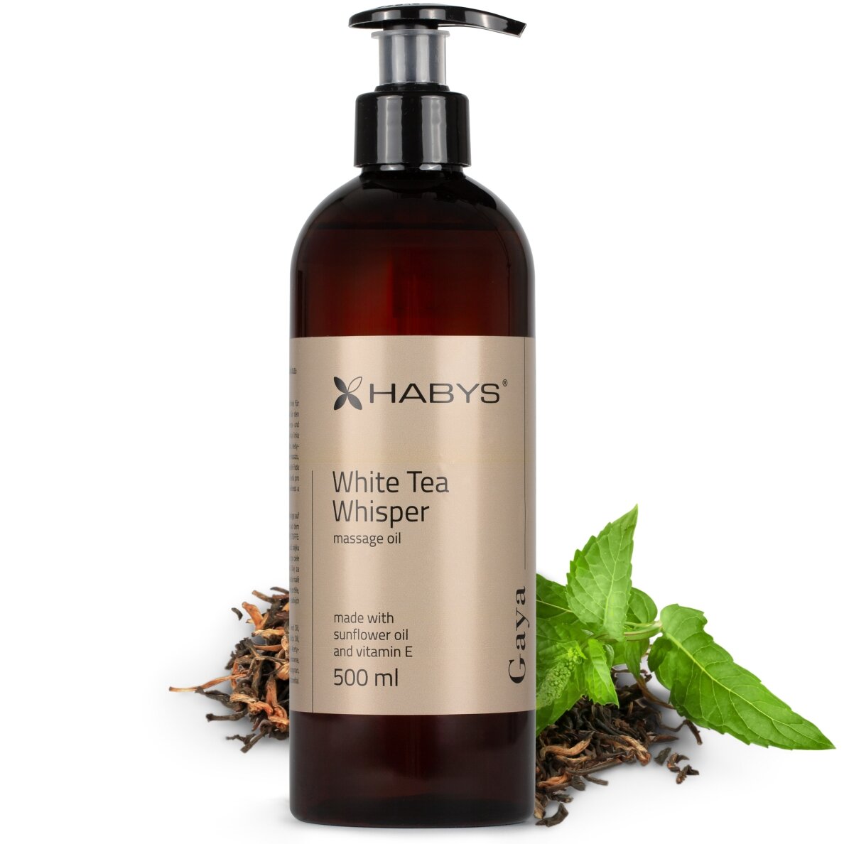HABYS GAYA WHITE TEA WHISPER masažo aliejus su saulėgrąžų aliejumi ir vitaminu E, 500 ml HABYS GAYA WHITE TEA WHISPER masažo aliejus su saulėgrąžų aliejumi ir vitaminu E, 500 ml