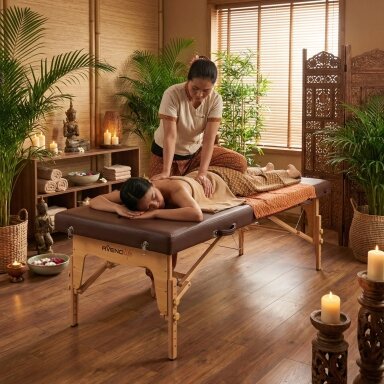 NIRO 80 sulankstomas tailandietiško masažo stalas su medine konstrukcija, rudos spalvos NIRO 80 sulankstomas tailandietiško masažo stalas su medine konstrukcija, rudos spalvos
