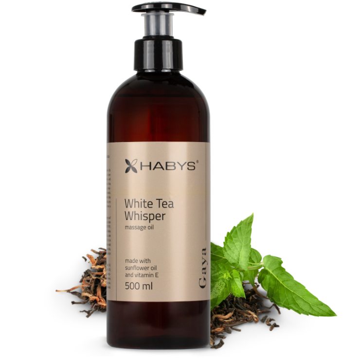 HABYS GAYA WHITE TEA WHISPER masažinis aliejus su saulėgrąžų aliejumi ir vitaminu E, 500 ml HABYS GAYA WHITE TEA WHISPER masažinis aliejus su saulėgrąžų aliejumi ir vitaminu E, 500 ml