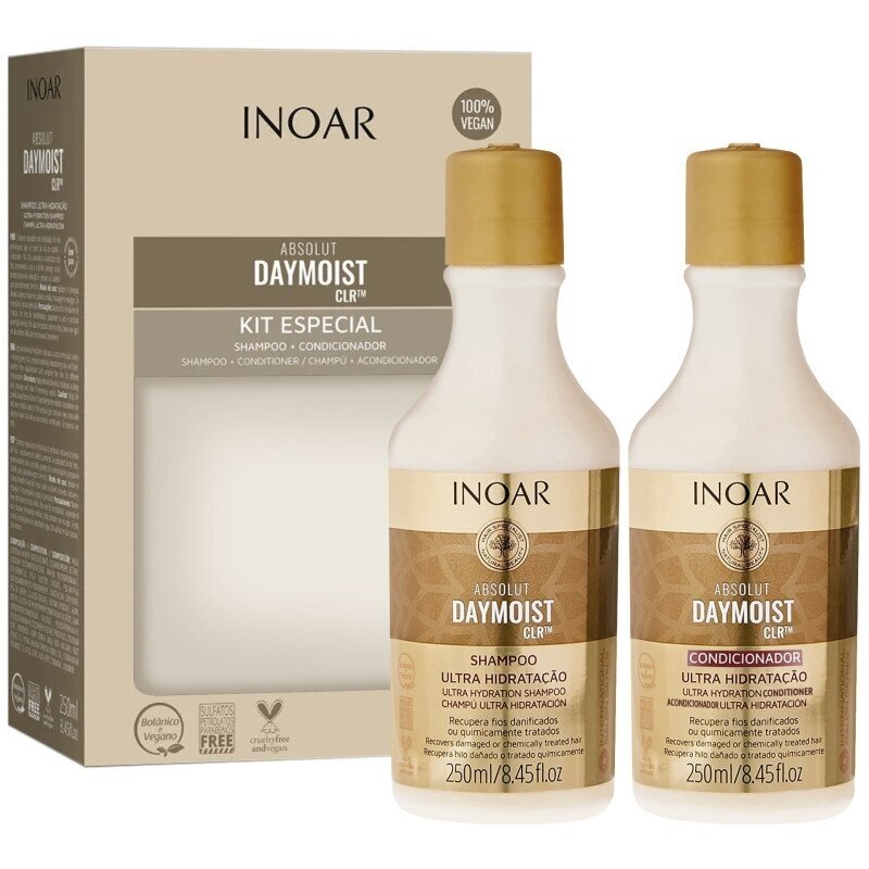 INOAR ABSOLUT DAYMOIST DUO KIT rinkinys chemiškai pažeistiems plaukams, 2x250 ml INOAR ABSOLUT DAYMOIST DUO KIT rinkinys chemiškai pažeistiems plaukams, 2x250 ml