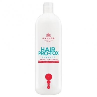 KALLOS Cosmetics Hair Pro-Tox plaukus stiprinantis ir maitinantis šampūnas su keratinu, kolagenu ir hialurono rugštimis, 1 L