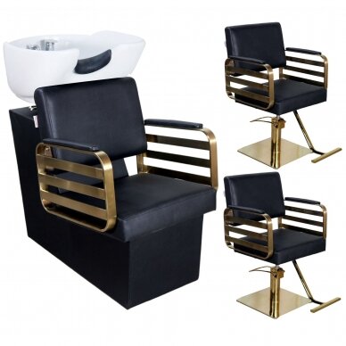 Kirpyklos baldų komplektas: profesionali galvos plautuvė + 2x LUKE kirpėjo hidraulinės kėdės CALISSIMO