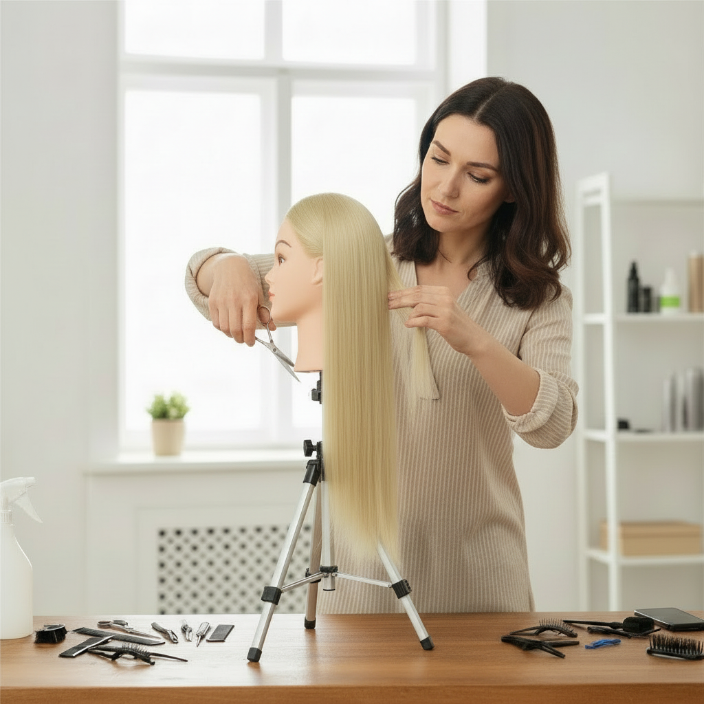 Profesionali galva mokymams IZA BLOND 90cm, karščiui atspariais plaukais + stovas 10 Profesionali galva mokymams IZA BLOND 90cm, karščiui atspariais plaukais + stovas 10