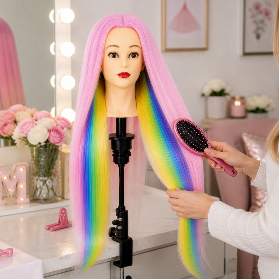 Profesionali galva mokymams IZA 70cm, terminiais plaukais + laikiklis 3 Profesionali galva mokymams IZA 70cm, terminiais plaukais + laikiklis 3