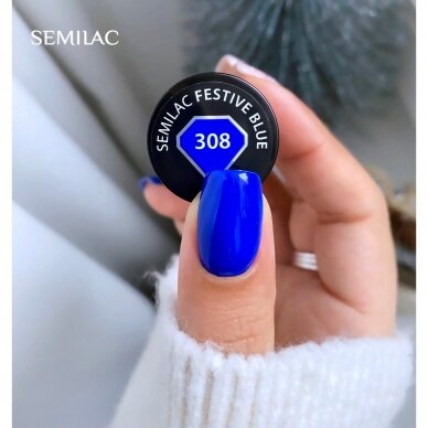 SEMILAC 308 ilgalaikis hibridinis nagų lakas Festive Blue, 7 ml.  2