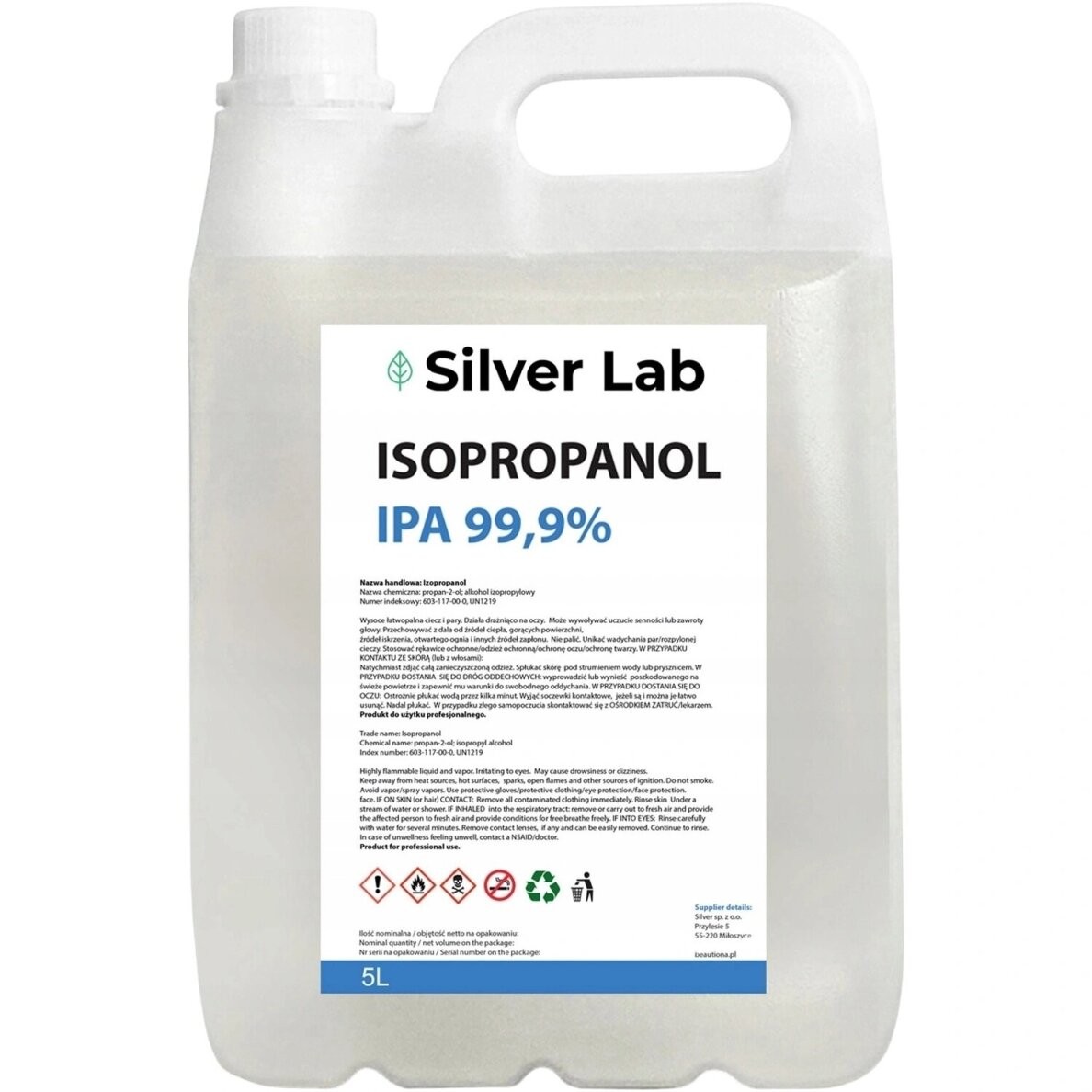 SILVER LAB izopropilo alkoholis IPA 99 %, 5 l SILVER LAB izopropilo alkoholis IPA 99 %, 5 l