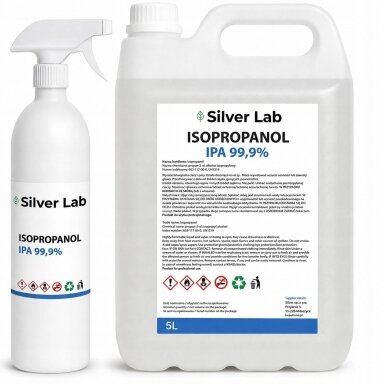 SILVER LAB techninis izopropilo alkoholis IPA 99,9 %, 5 l + 1 l su purkštuku SILVER LAB techninis izopropilo alkoholis IPA 99,9 %, 5 l + 1 l su purkštuku