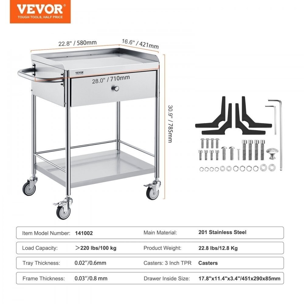 VEVOR stainless steel trolley with drawer, 2 shelves, 141002 1