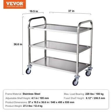 VEVOR universal metal trolley, 3 shelves, 204 kg, 100201