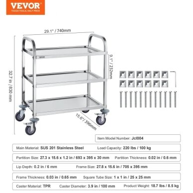 VEVOR stainless steel trolley, 3 shelves, 100203 1 VEVOR stainless steel trolley, 3 shelves, 100203 1