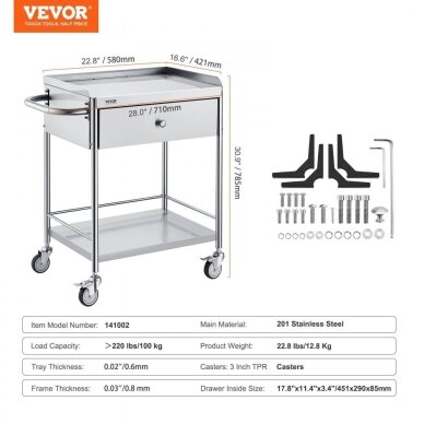 VEVOR stainless steel trolley with drawer, 2 shelves, 141002 1 VEVOR stainless steel trolley with drawer, 2 shelves, 141002 1